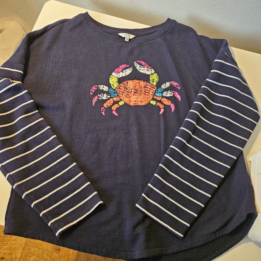 Crown & Ivy Navy Nautical Style Sweater with Striped Sleeves and Crab